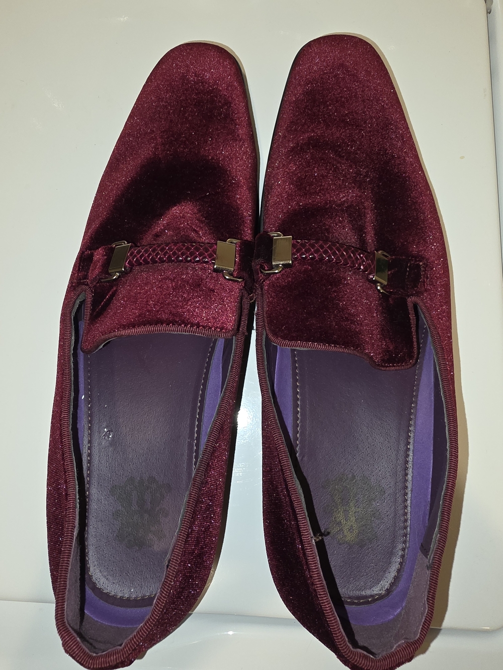 Men's Burgundy Velvet Slip-On Loafers with Metal Bit